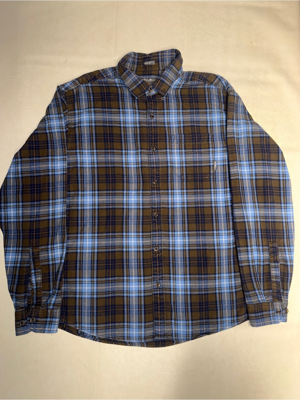 Eddie Bauer Brown and Light Blue Plaid Button-Down Shirt